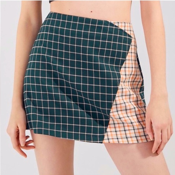Urban Outfitters Plaid Faux Wrap Color Block Mini Skirt Yellow Green - Size XS - Picture 6 of 7